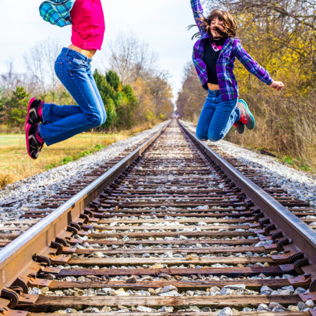 photo kids railroad tracks